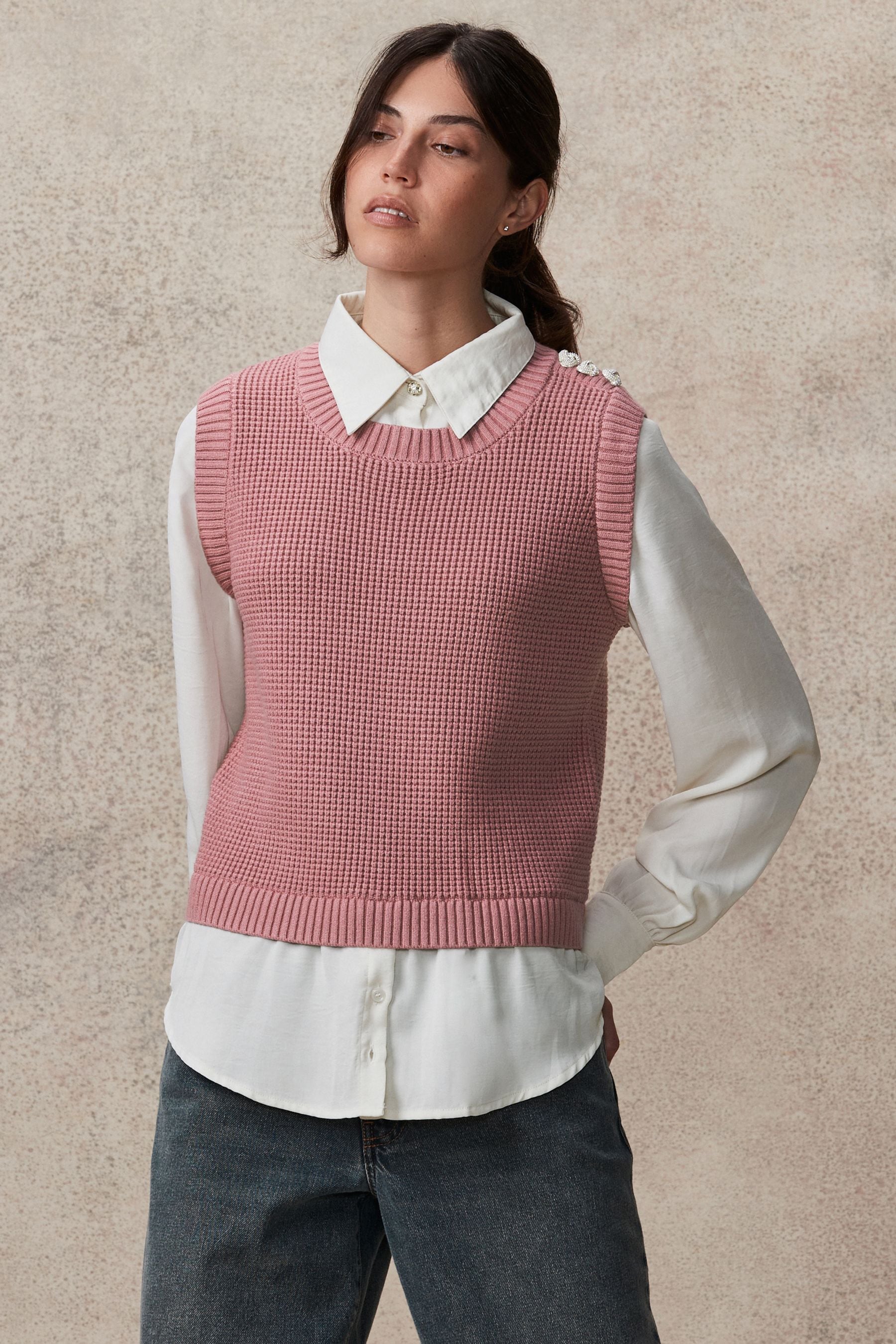 Pink shirt grey sweater clearance