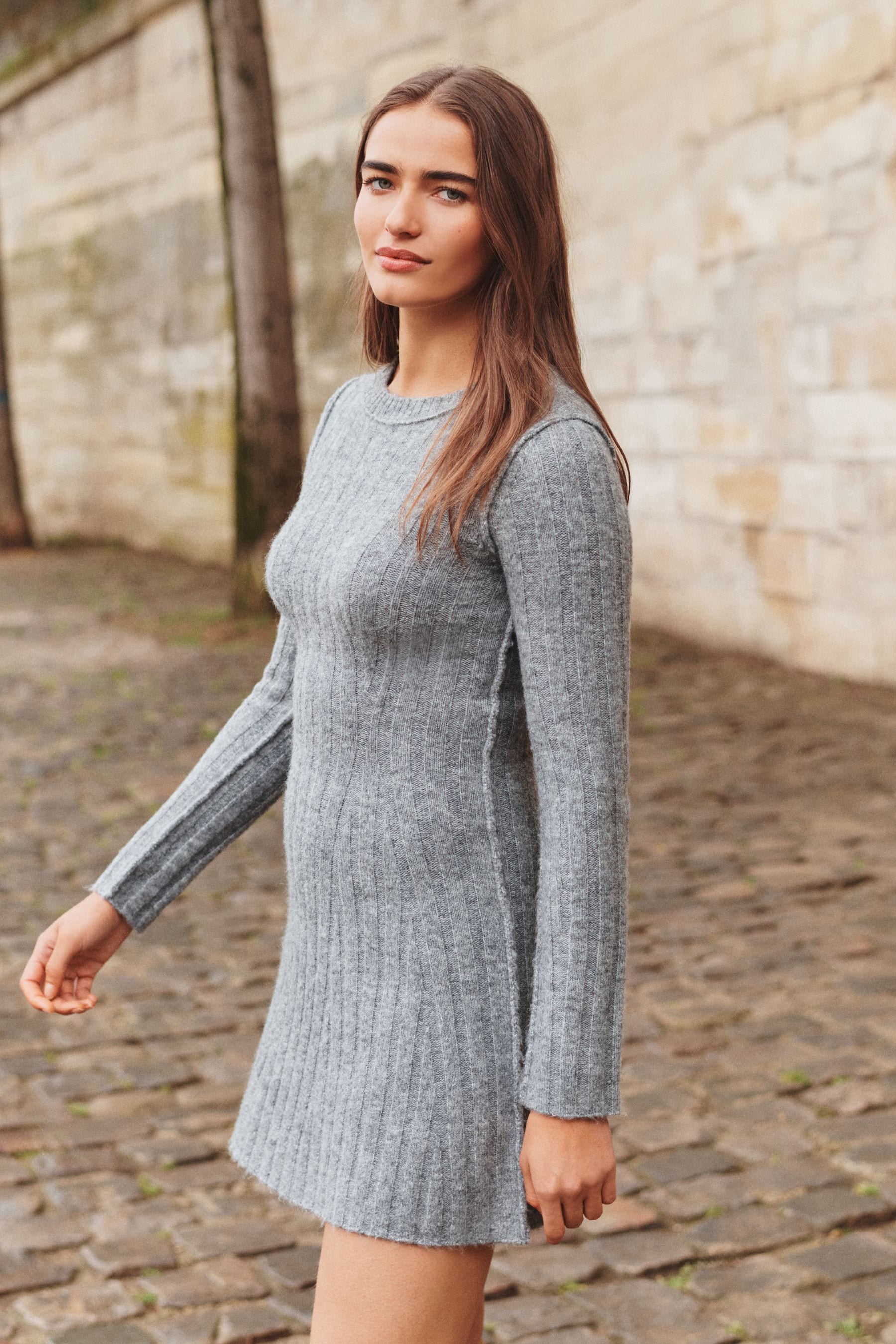 Buy Grey Ribbed Fit And Flare Mini Knitted Jumper Dress With Wool from Next Luxembourg
