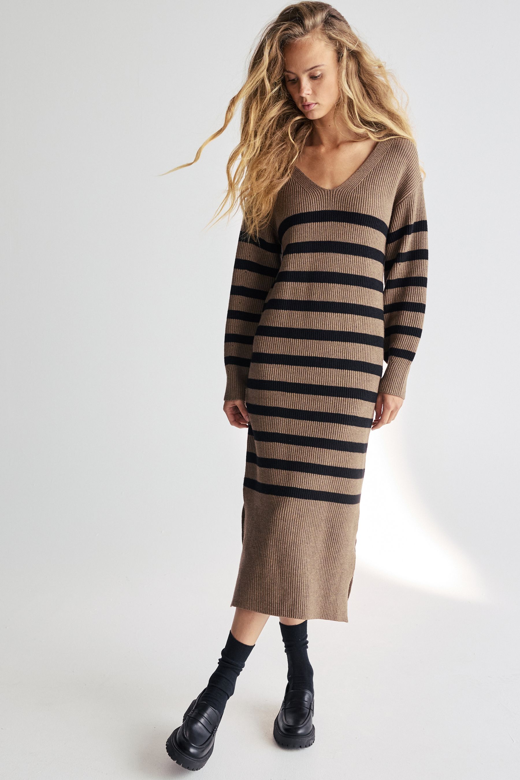 Buy Camel Brown Stripe Long Sleeve V Neck Midi Ribbed Knitted Jumper Dress from the Next UK online shop