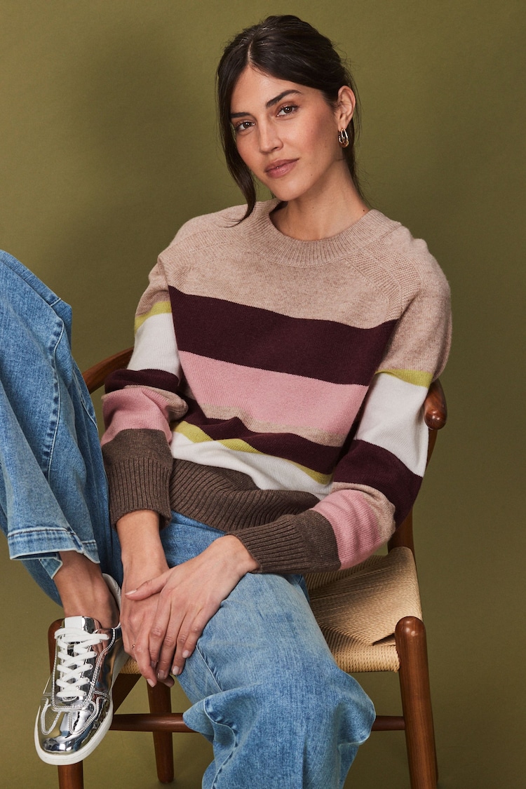 Neutral and Pink Stripe Premium 100% Lambswool Pattern Crew Neck Knitted Jumper - Image 1 of 7