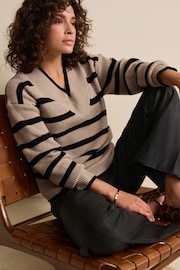 Бежевий - Relaxed Fit Ribbed V-Neck Knitted Jumper - Image 2 of 6