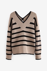 Бежевий - Relaxed Fit Ribbed V-Neck Knitted Jumper - Image 5 of 6