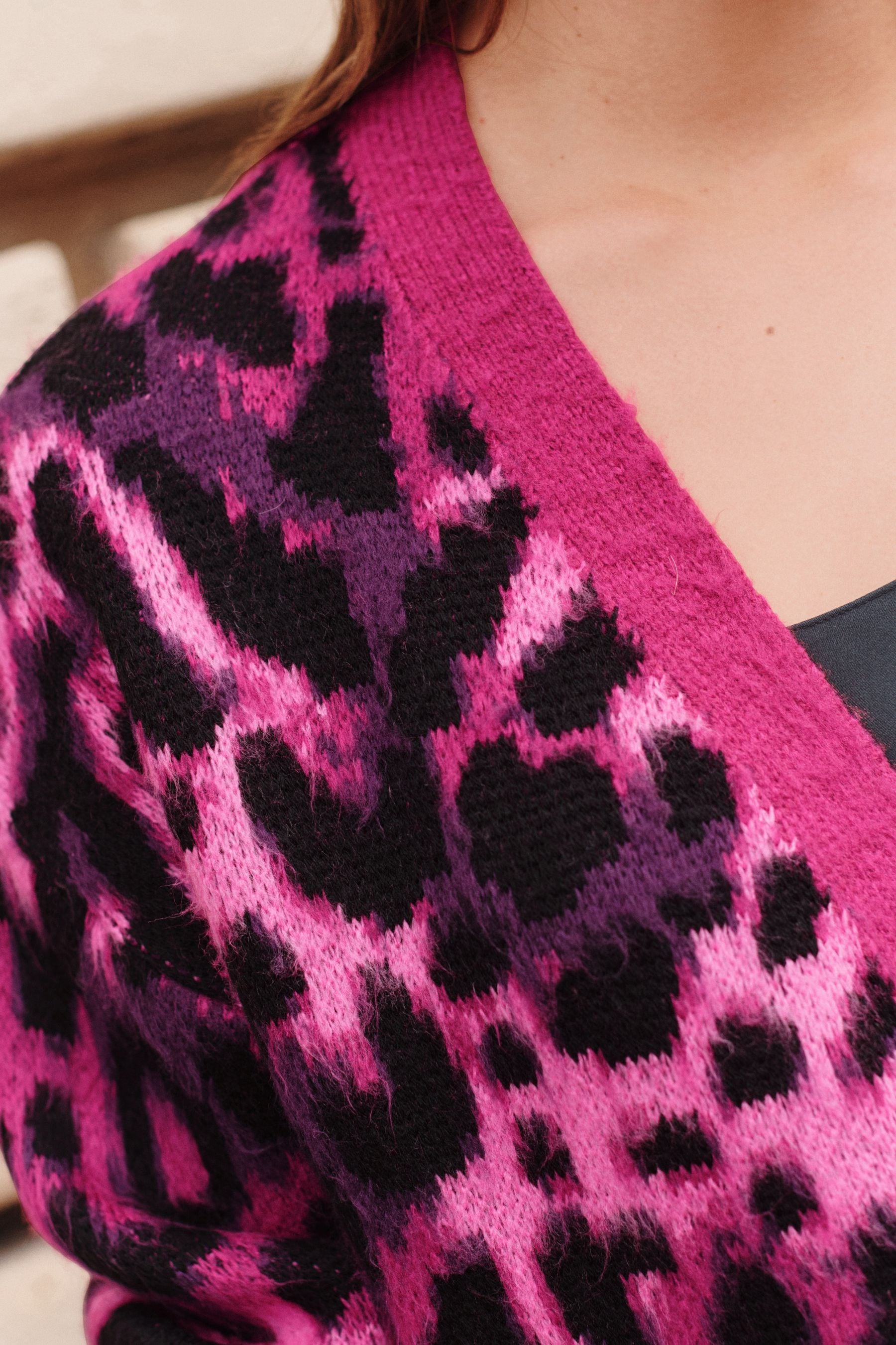 Buy Pink Leopard Animal Statement Pattern Button Front Knitted Cardigan from Next Luxembourg