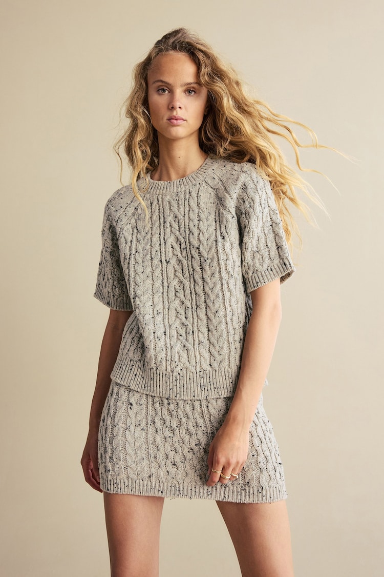 Grey Short Sleeve Cable Knitted Jumper With Wool - Image 1 of 7