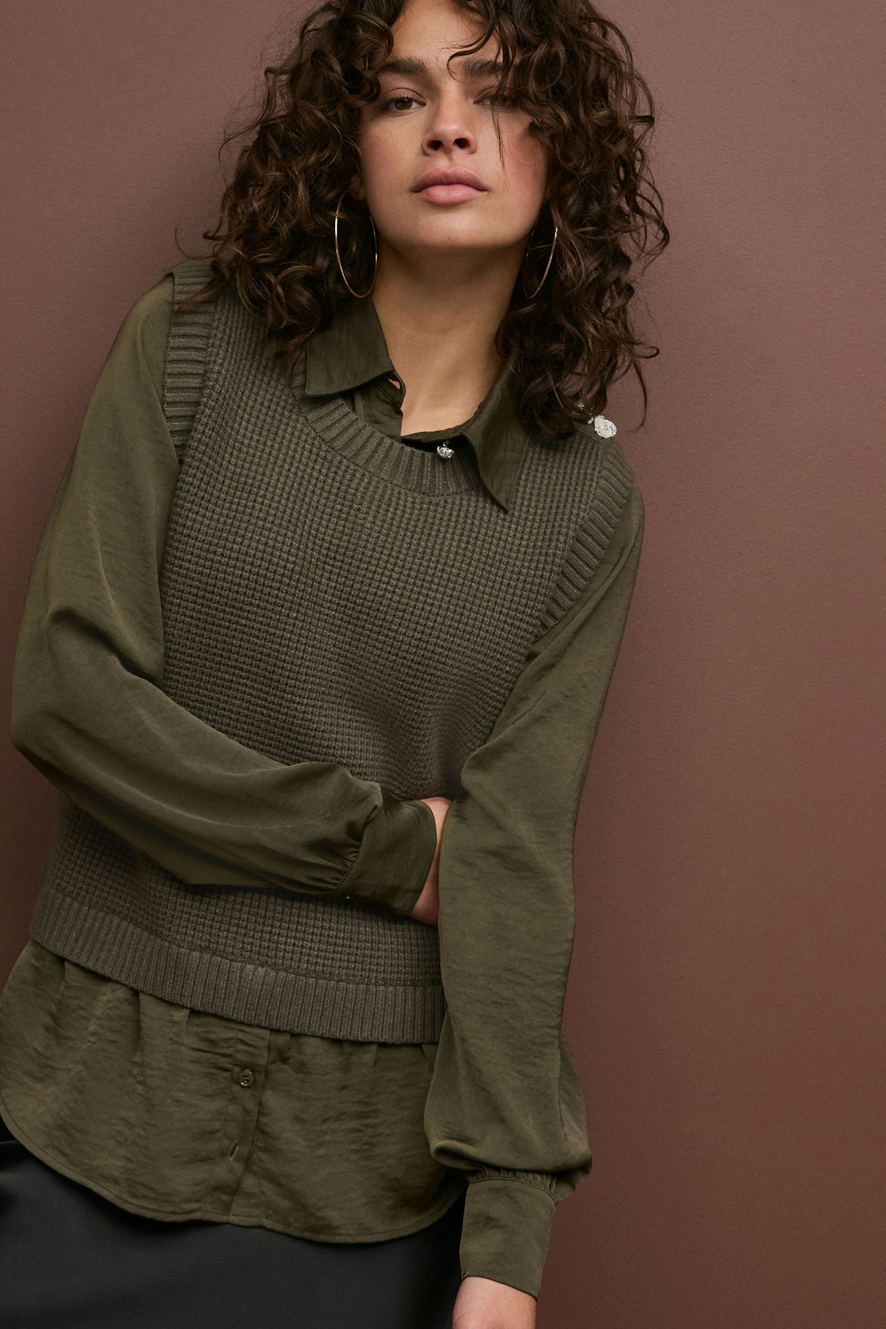 Khaki Green Gem Button Shirt Layer Jumper