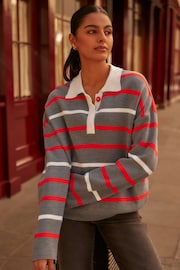 Grey Stripe Long Sleeve Knitted Polo Top - Image 1 of 7