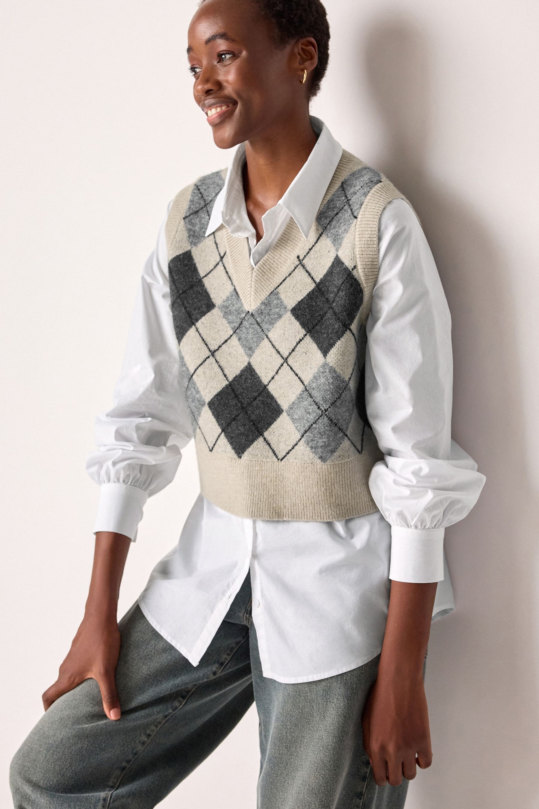 Neutral Argyle Check Shirt Layer Knitted Jumper Vest Tank Top