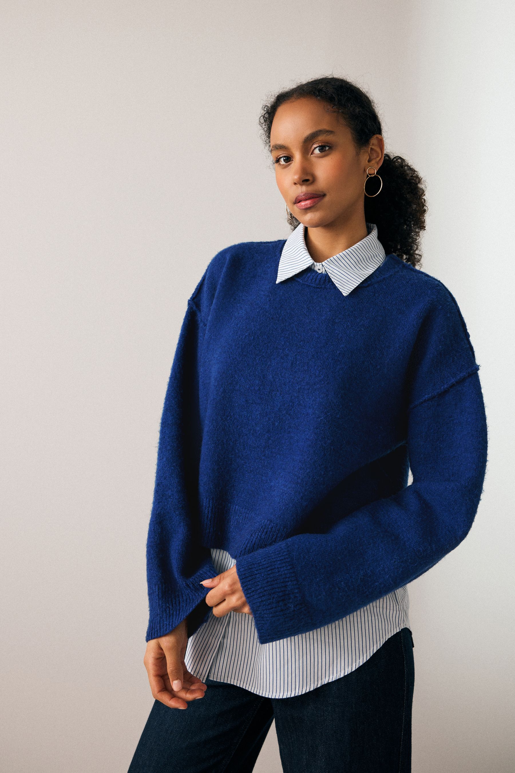 Cobalt Blue 2 in 1 Smart Shirt Layer Knitted 100 Cotton Jumper