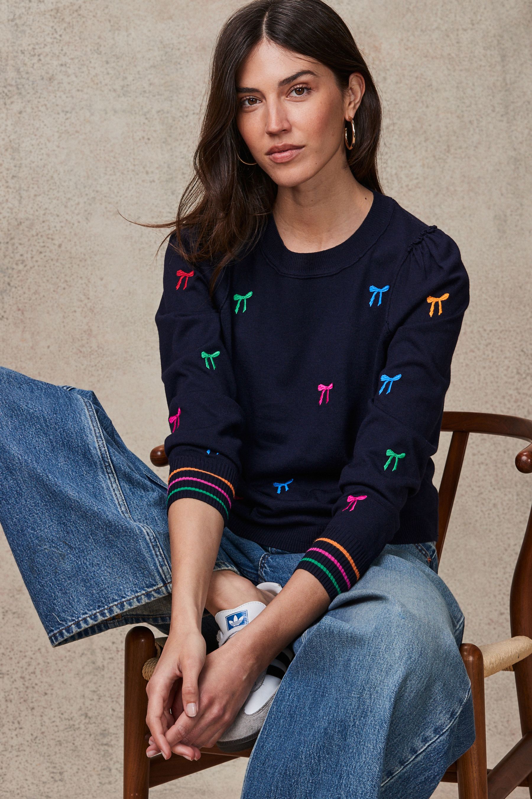 Buy Navy Blue with Rainbow Bows Crew Neck Long Sleeve Embroidered Jumper from the Next UK online shop