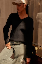 Black Relaxed Fit Ribbed V-Neck Knitted Jumper - Image 2 of 6