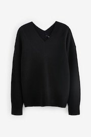 Black Relaxed Fit Ribbed V-Neck Knitted Jumper - Image 5 of 6