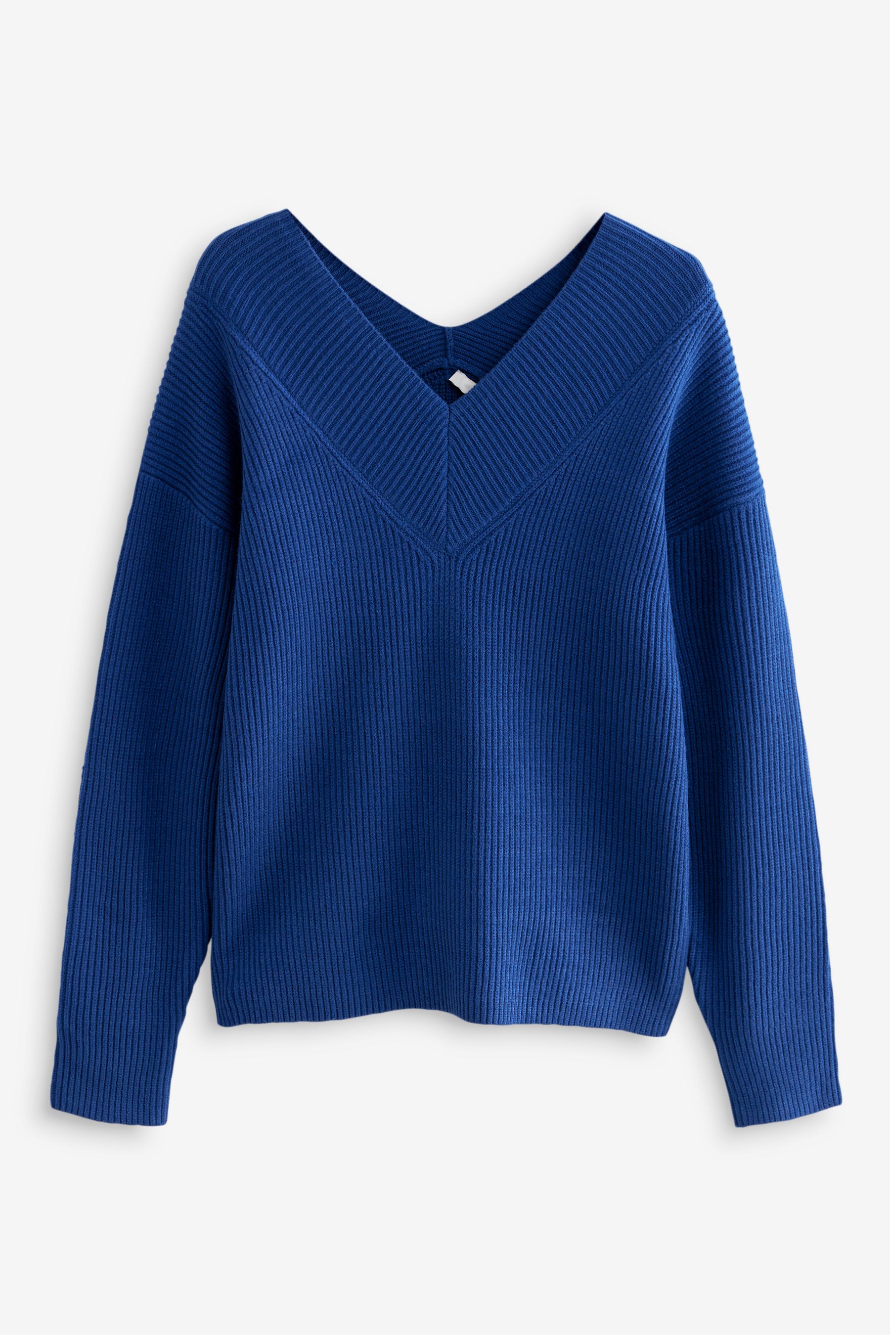 Cobalt Blue Relaxed Fit Ribbed V Neck Knitted Jumper