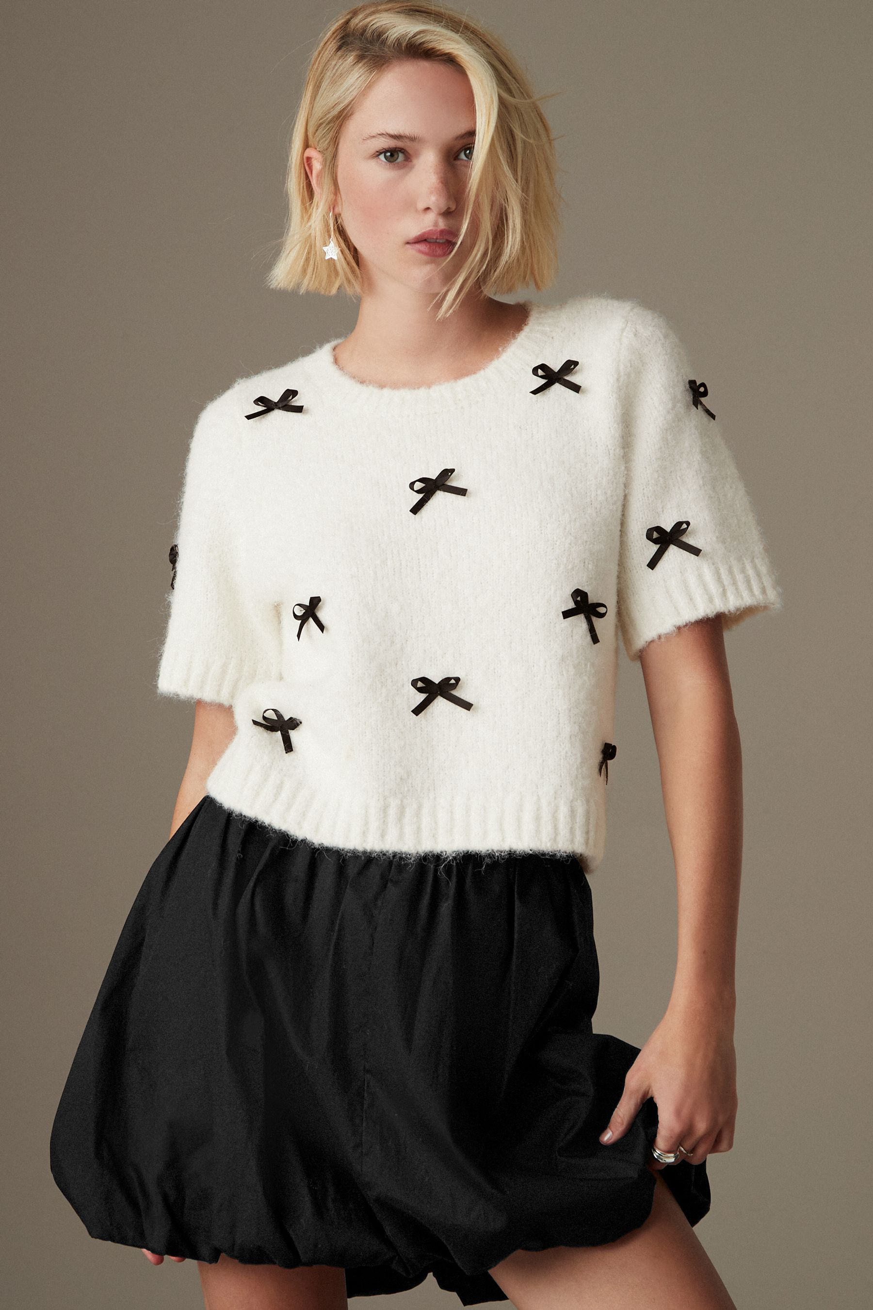 Buy White with Black Bows Short Sleeve Crew Neck Jumper With Wool from the Next UK online shop
