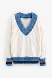 Ecru White with Bright Blue Contrast Tipped V-Neck Pullover Ribbed Knitted Jumper - Image 5 of 6