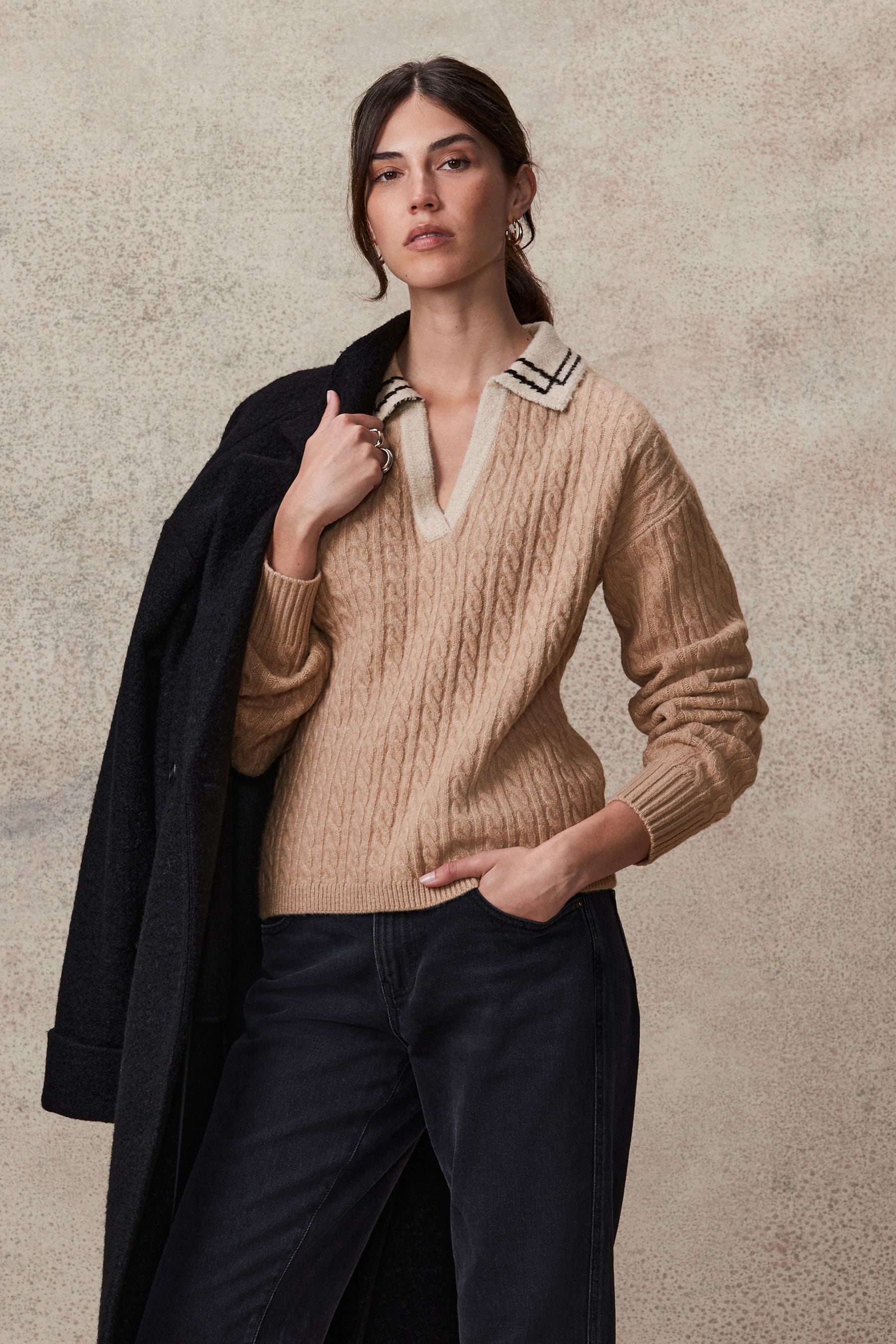 Buy Camel Brown Polo V Neck Collared Cable Knit Jumper from the Next UK online shop