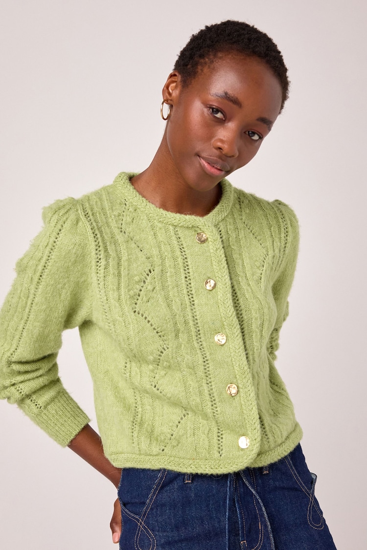 Green Gold Button Stitch Crew Cardigan - Image 2 of 8