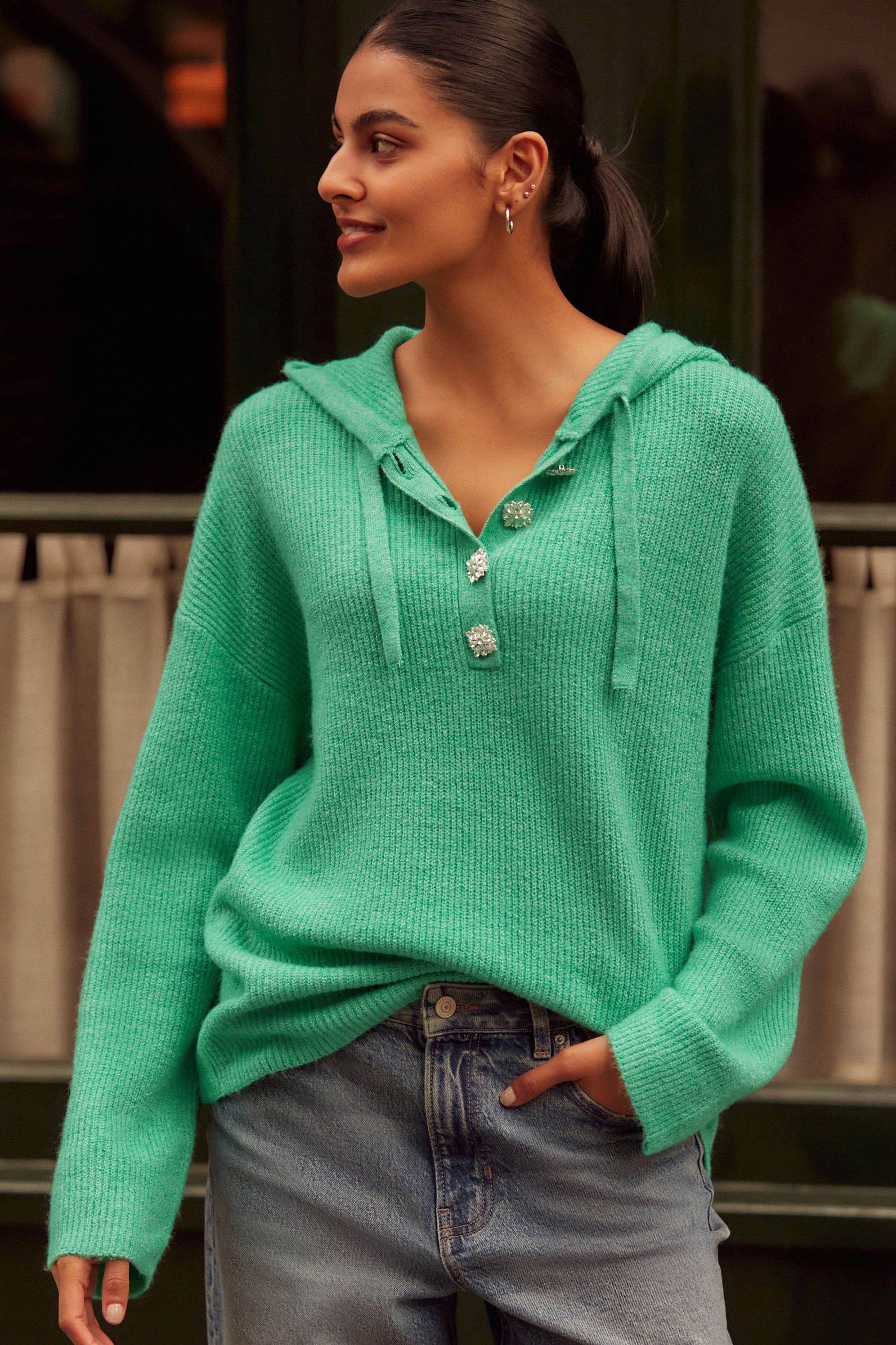 Buy Bright Green Sparkle Gem Button Knitted Hoodie from the Next UK online shop