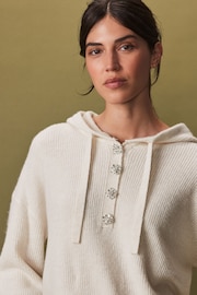 Ecru Cream Gem Button Knitted Hoodie - Image 4 of 7