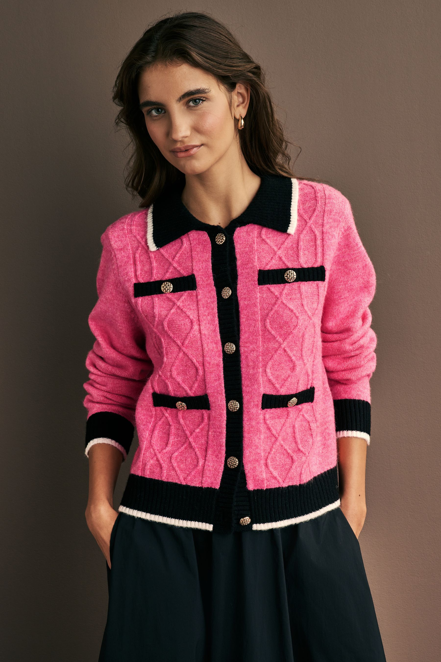 Buy Bright Pink Smart Contrast Tipped Knitted Co ord Jacket from Next Oman