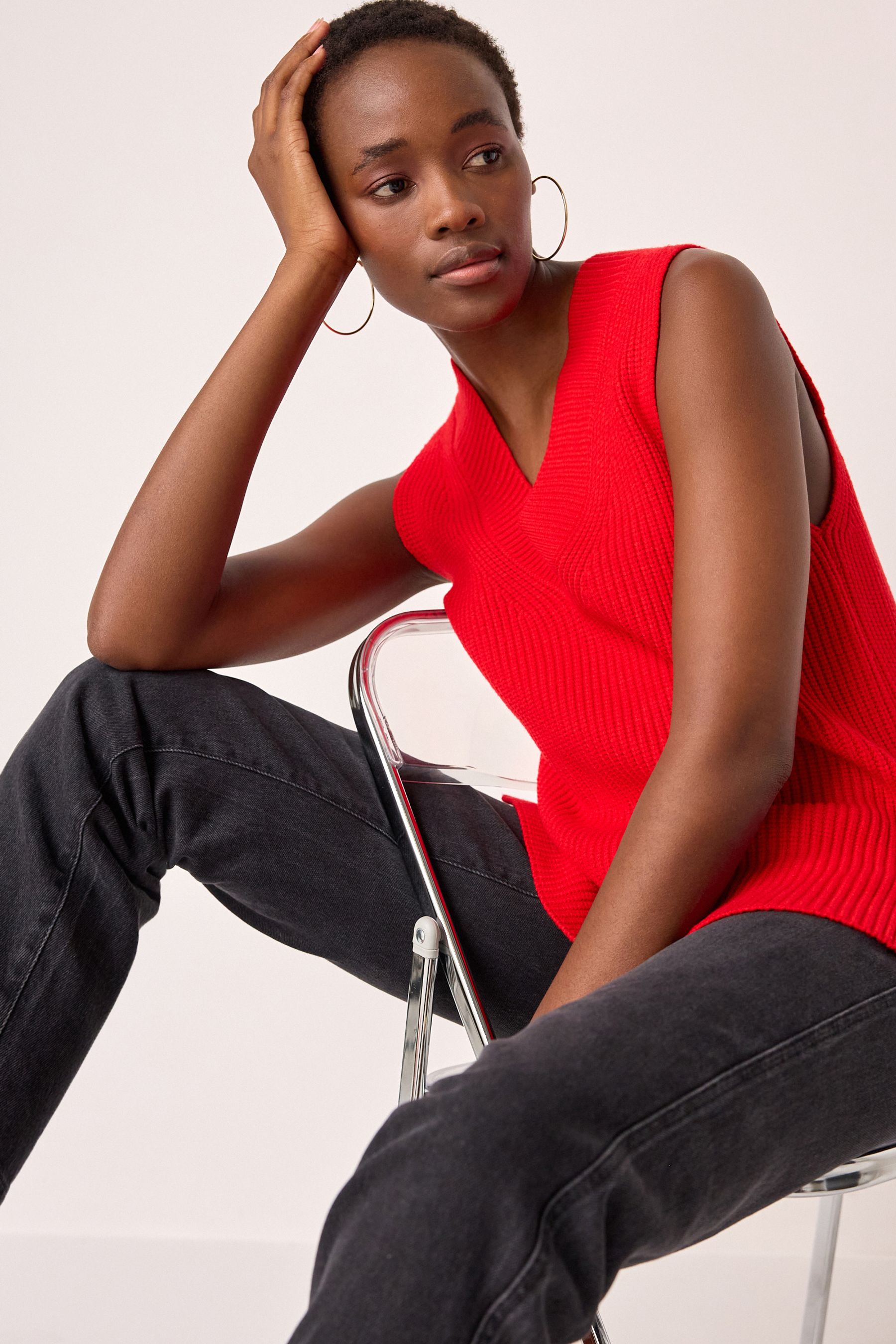 Buy Red Longline Sleeveless Ribbed V Neck Knitted Tank Vest Top from Next Oman