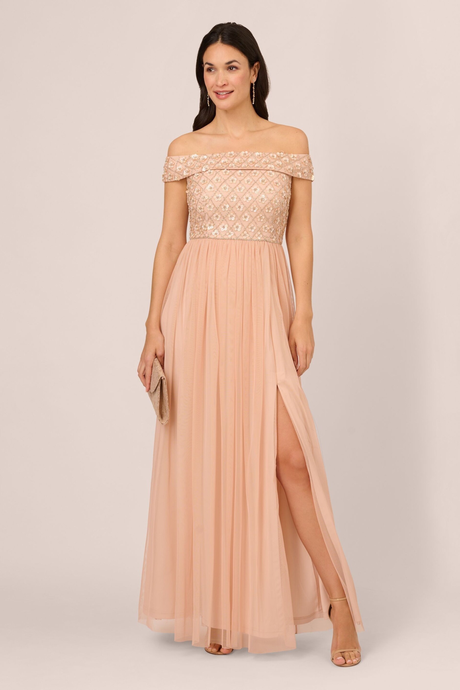Adrianna Papell Pink Off Shoulder Bead Gown - Image 3 of 7