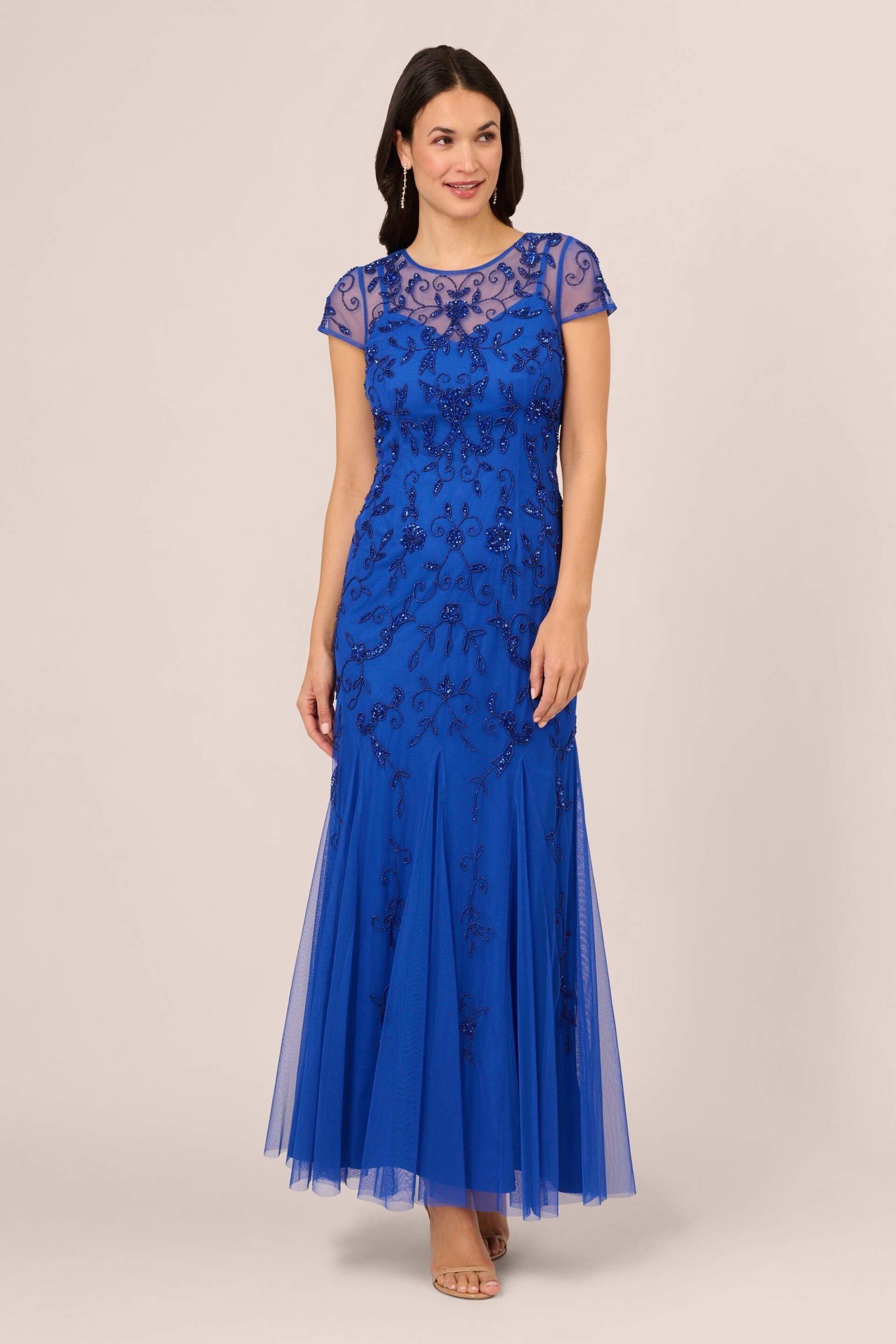 Adrianna Papell Blue Studio Bead Mesh Godet Gown - Image 1 of 7