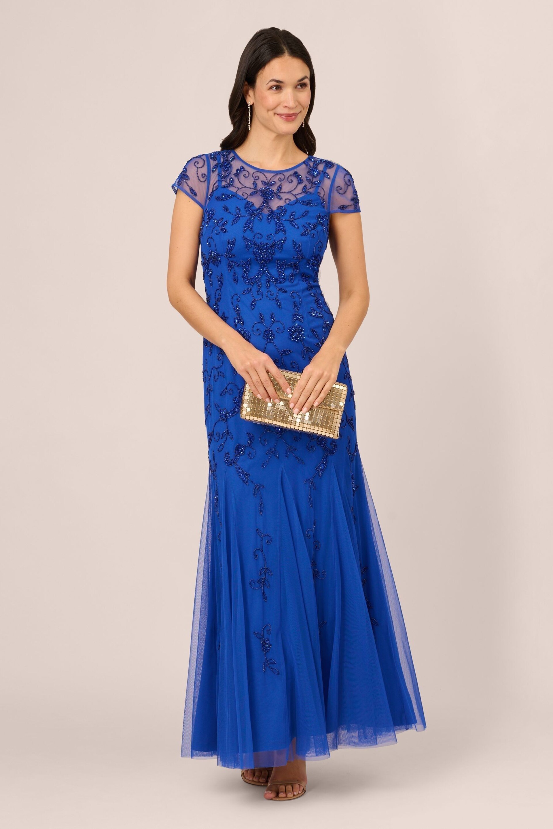 Adrianna Papell Blue Studio Bead Mesh Godet Gown - Image 3 of 7