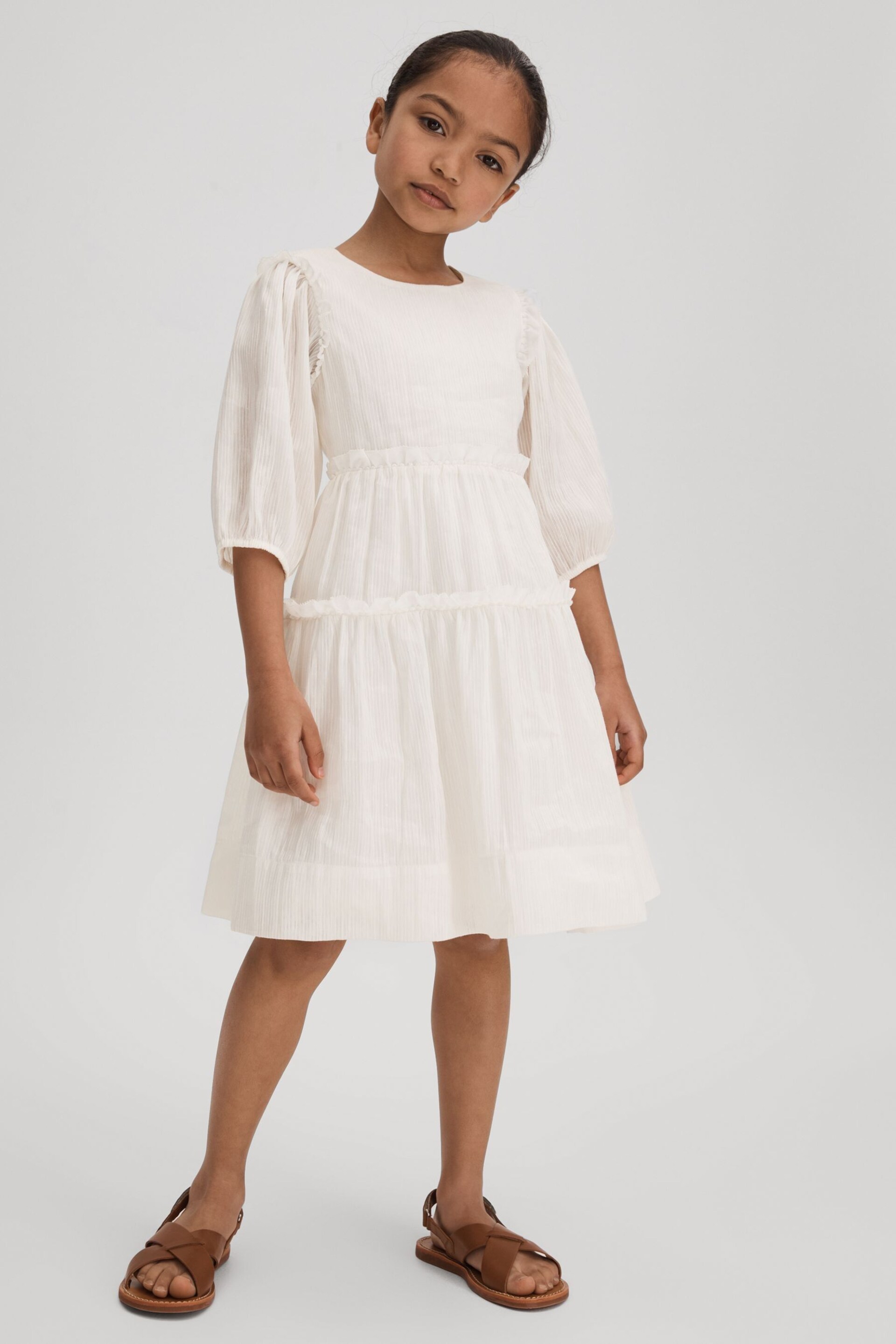 Reiss Ivory Tash Senior Tiered Linen Blend Puff Sleeve Dress - Image 3 of 4
