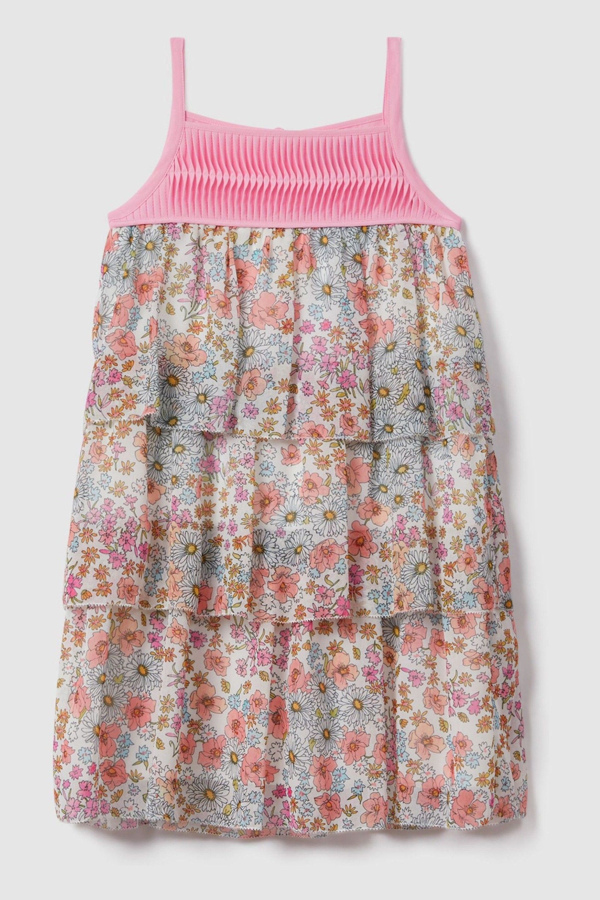 Reiss Pink Print Leela Teen Floral Print Tiered Dress - Image 1 of 5