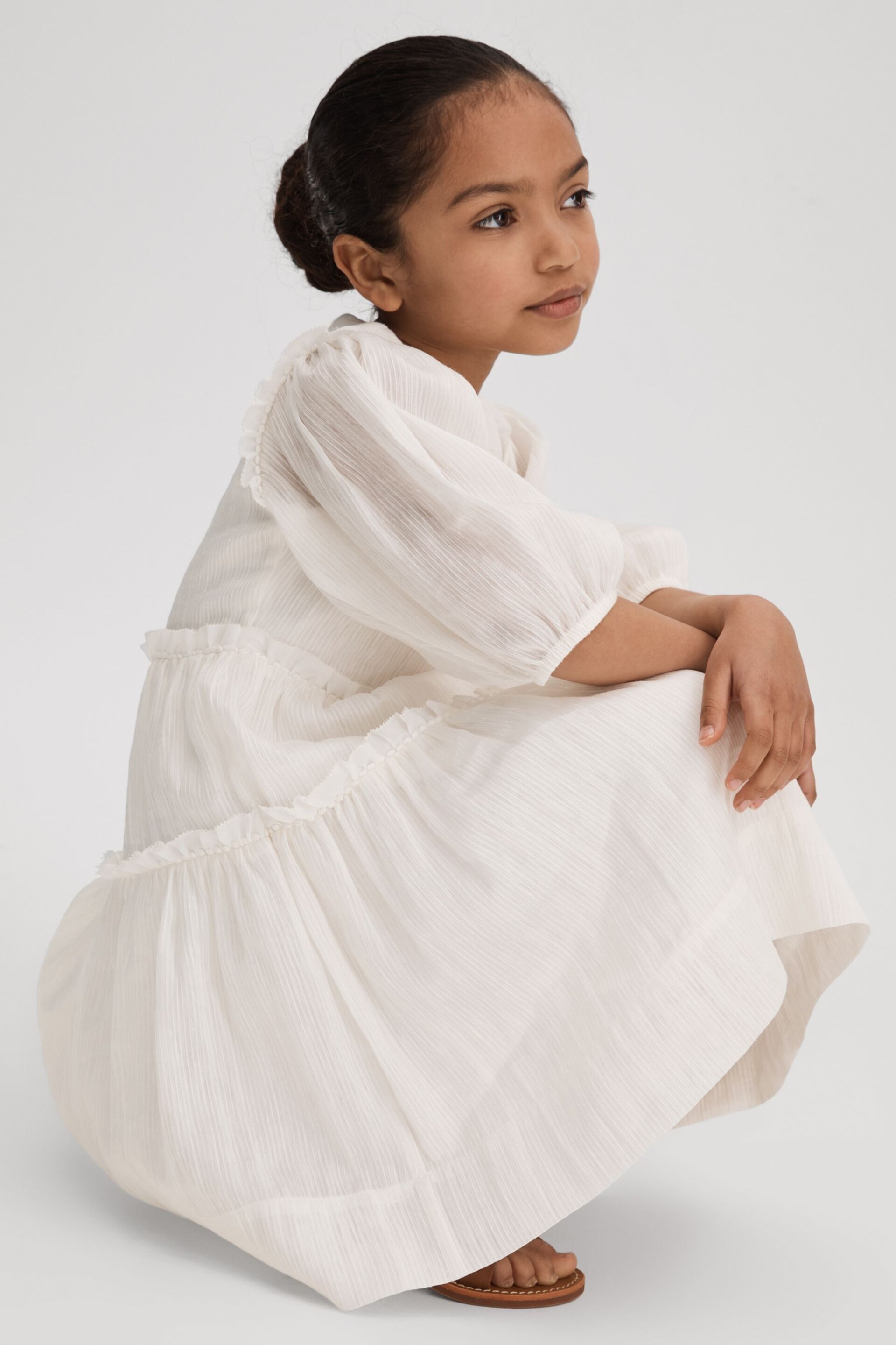 Reiss Ivory Tash Junior Tiered Linen Blend Puff Sleeve Dress - Image 3 of 4
