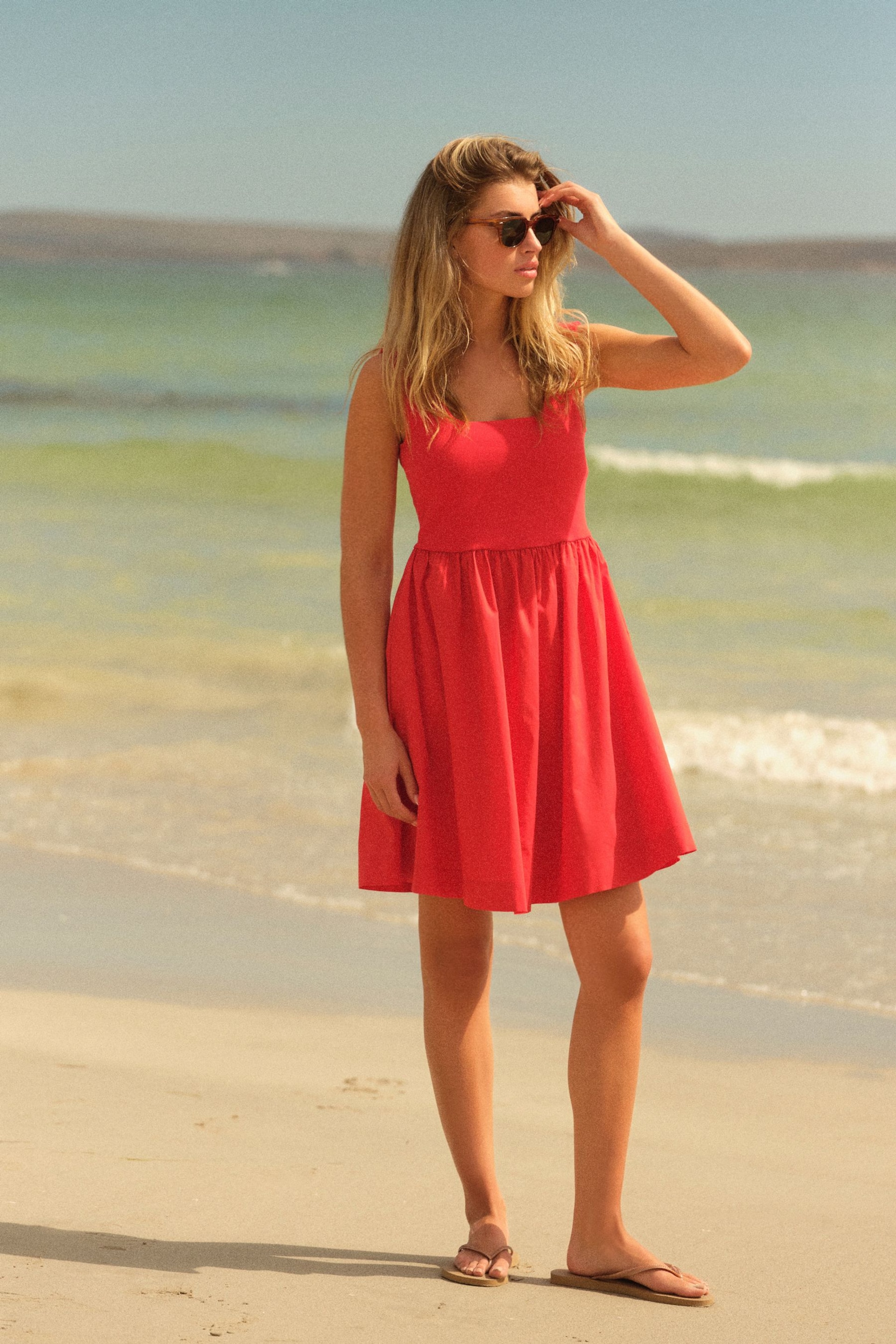 Red Square Neck Jersey Cotton Summer Mini Dress - Image 2 of 6