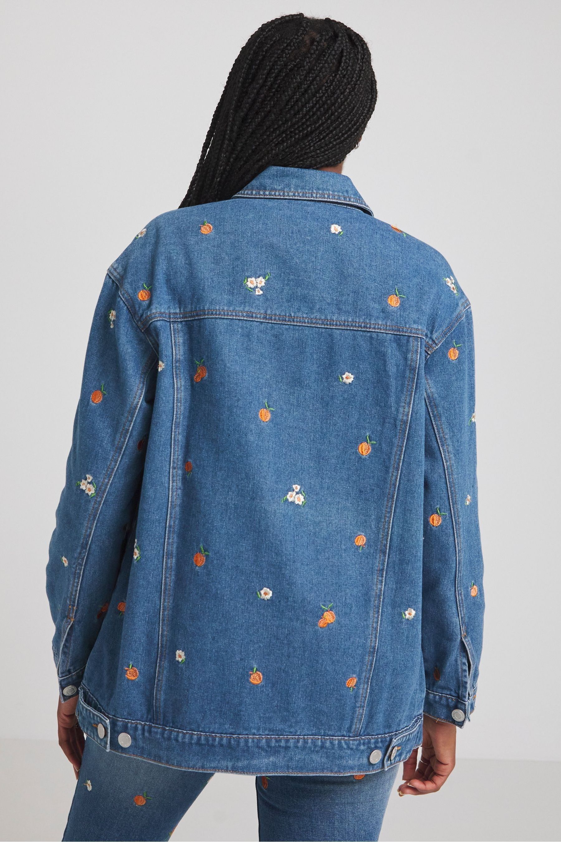 Buy Simply Be Blue Boyfriend Fruit Embroidered Denim Jacket from Next Luxembourg