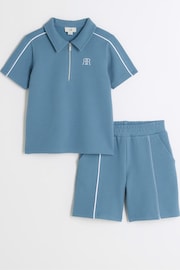 River Island Blue/White Boys Pique Top and Joggers Set - Image 1 of 4