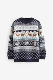 Navy Blue Boys Matching Family Christmas Fairisle Pattern Reindeer Jumper (3mths-16yrs) - Image 4 of 6