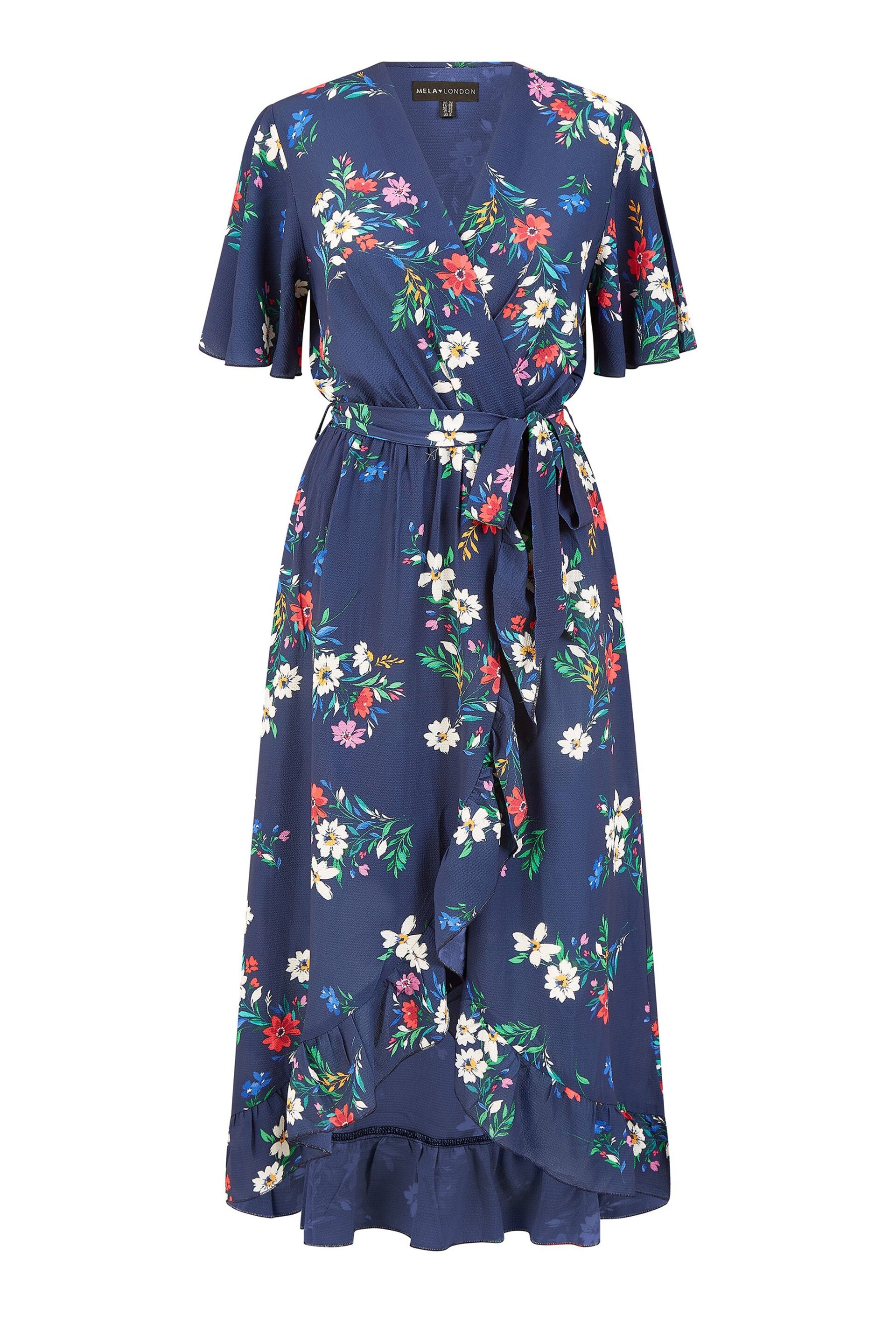 Mela Blue Floral Wrap Dress With Frill Hem - Image 4 of 4