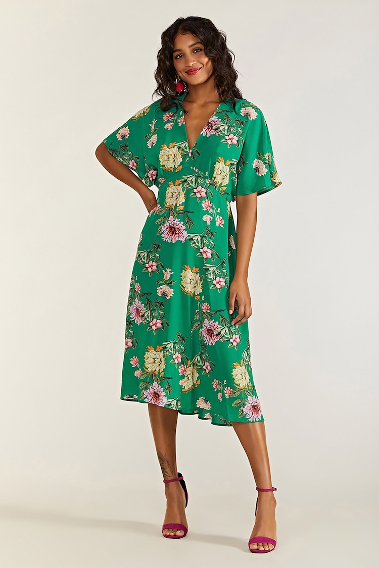 Yumi Green Crane Print Kimono Midi Dress - Image 2 of 4