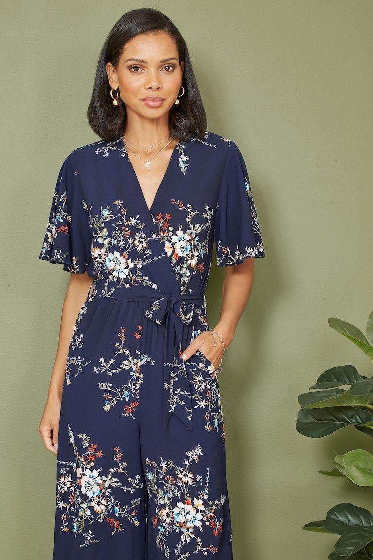 Mela Blue Floral Print Jumpsuit With Angel Sleeves - Image 2 of 5