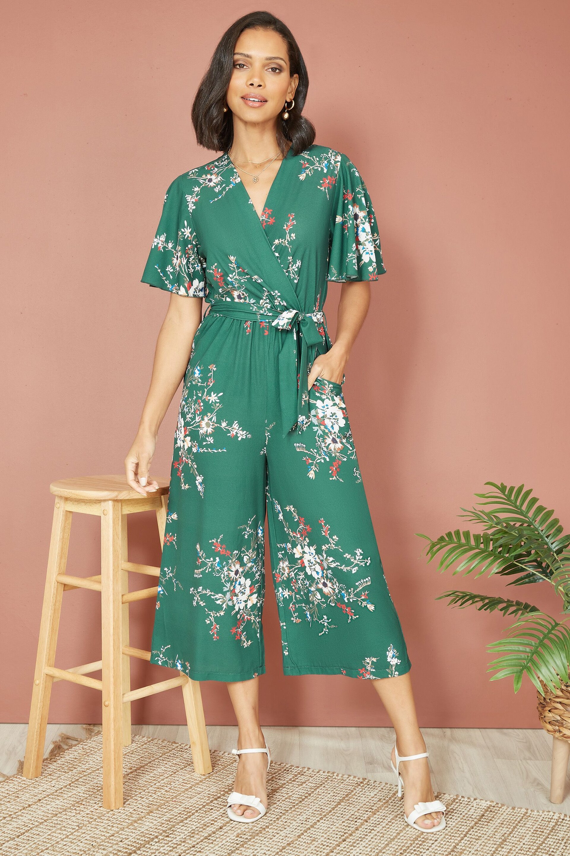 Mela Green Floral Print Jumpsuit With Angel Sleeves - Image 1 of 4