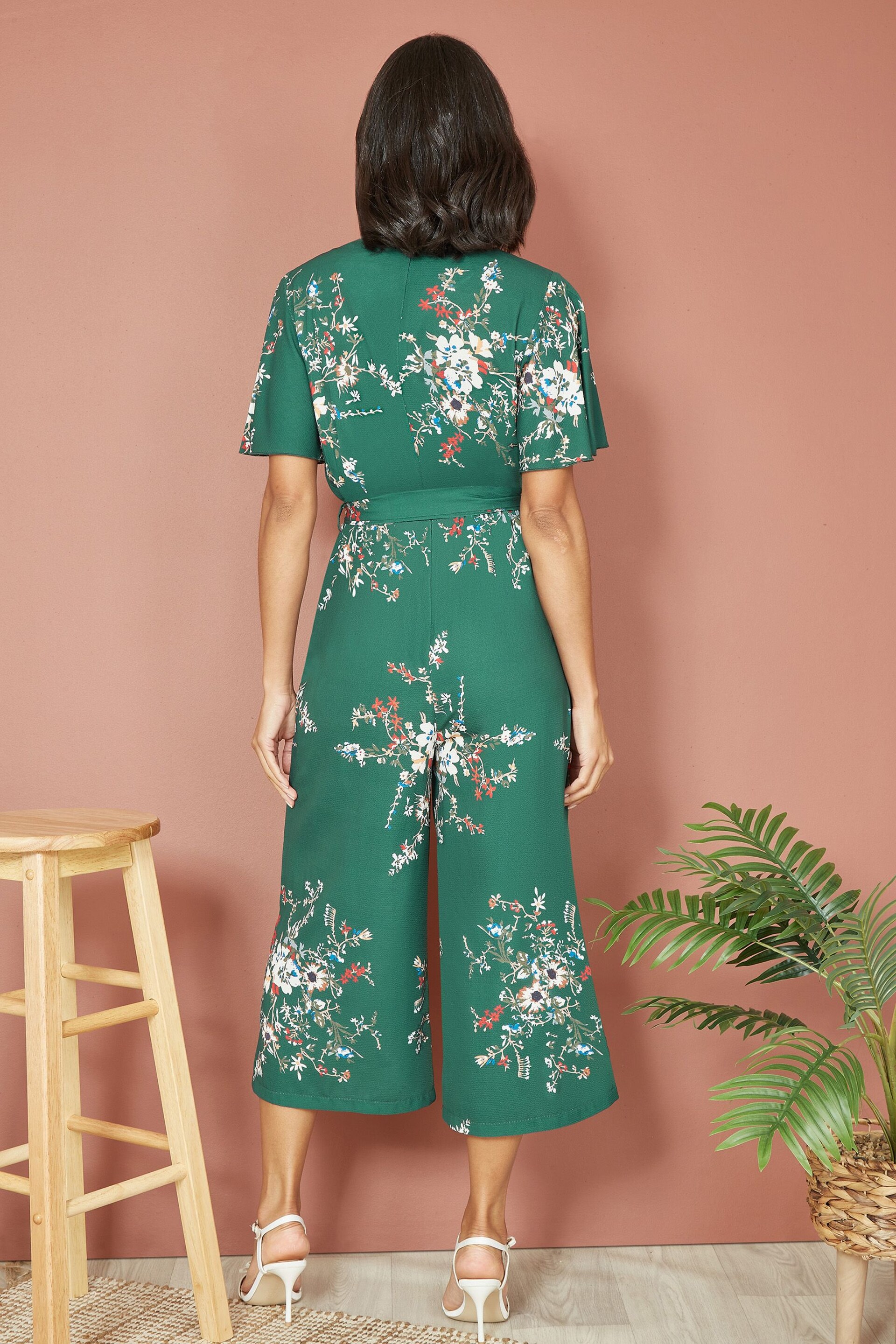 Mela Green Floral Print Jumpsuit With Angel Sleeves - Image 3 of 4