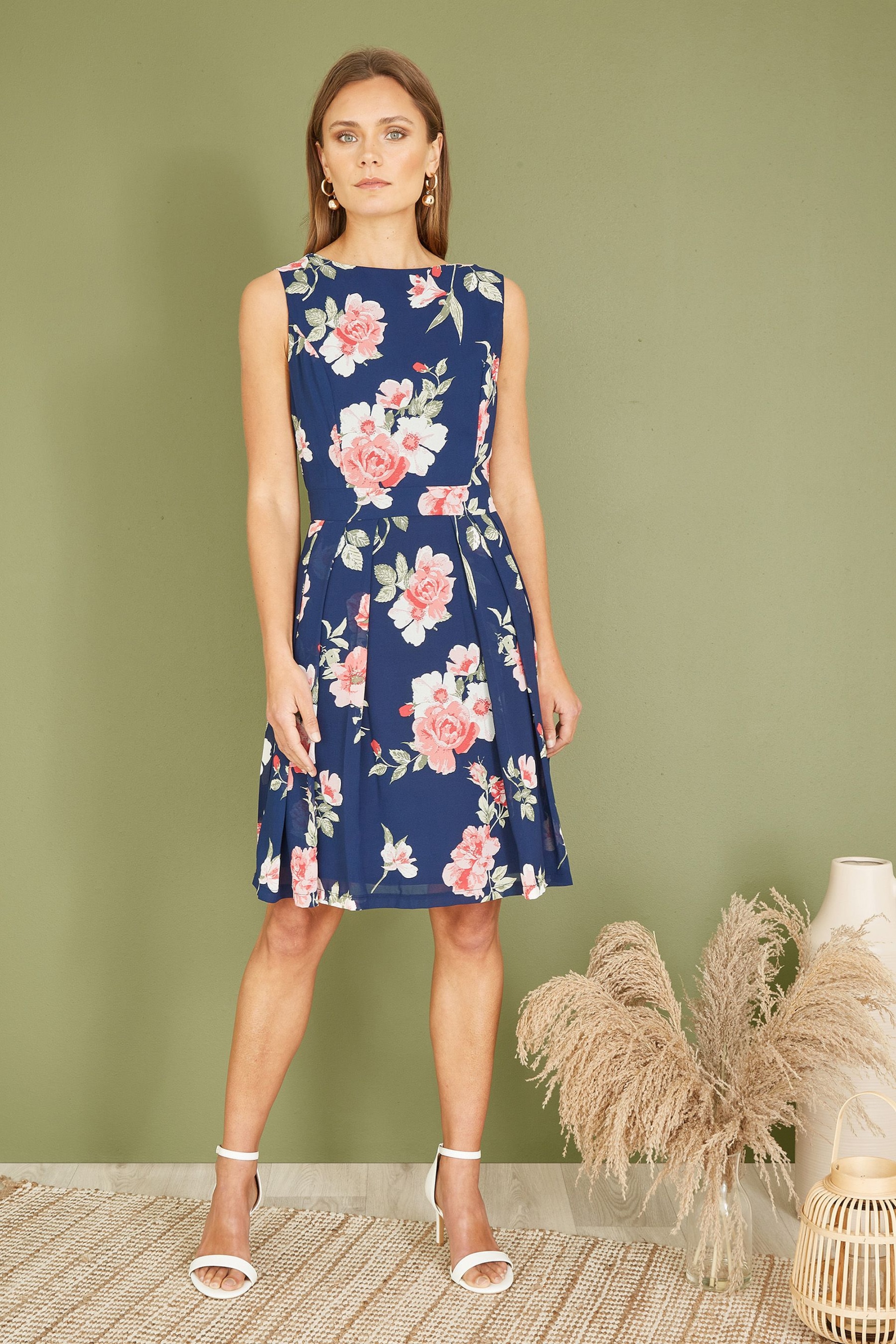 Mela Blue Floral Skater Dress With Scoop Back - Image 3 of 5