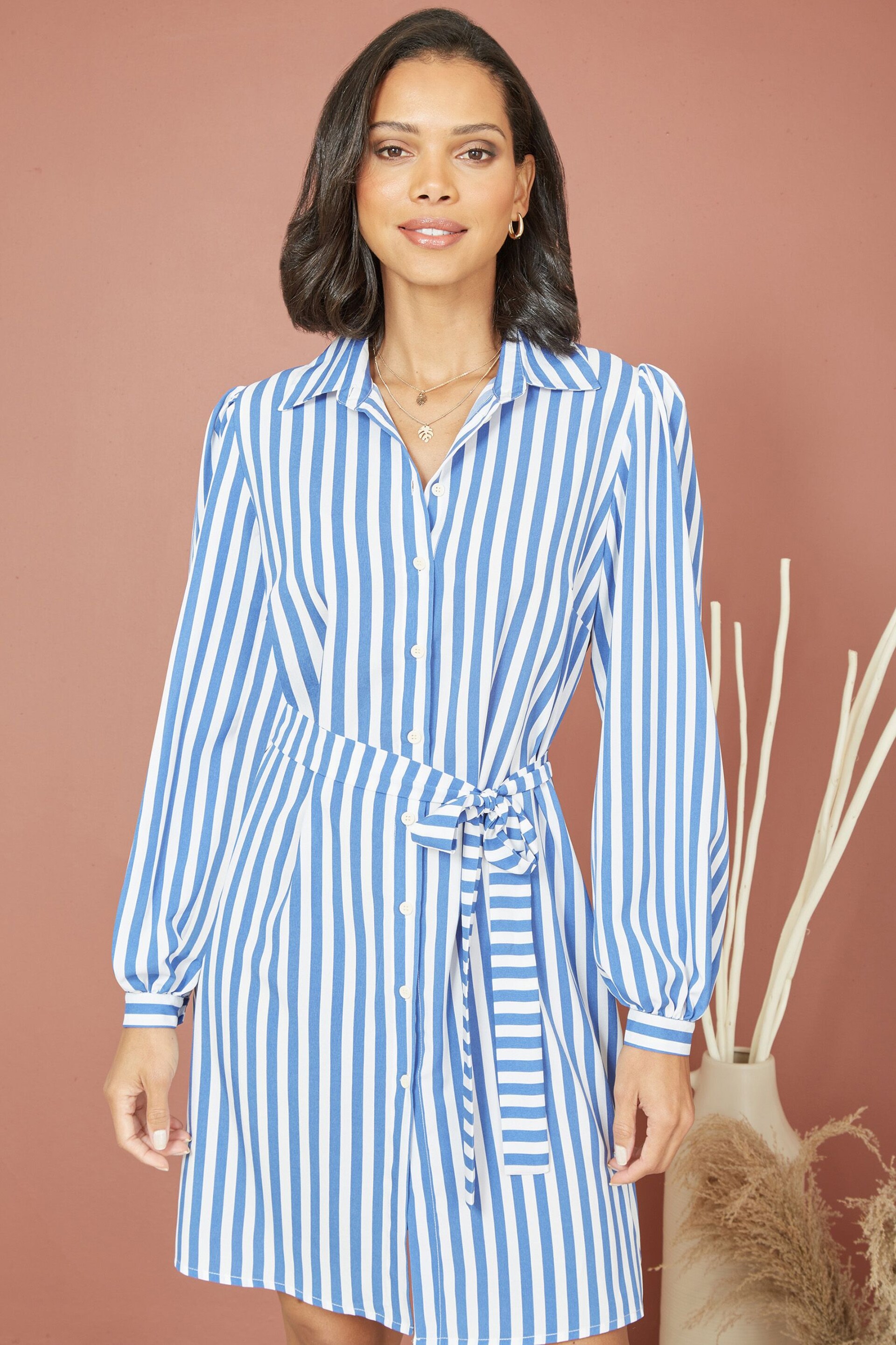 Mela Blue Striped Relaxed Fit Shirt Dress - Image 1 of 5