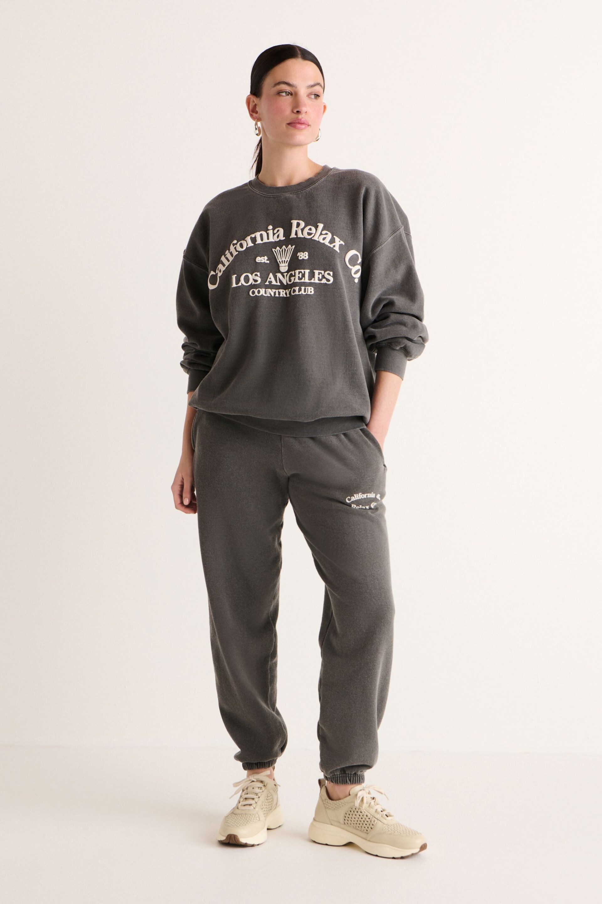 Charcoal Grey Relaxed Fit Oversized Washed California Long Sleeve Graphic Slogan Sweatshirt - Image 2 of 6