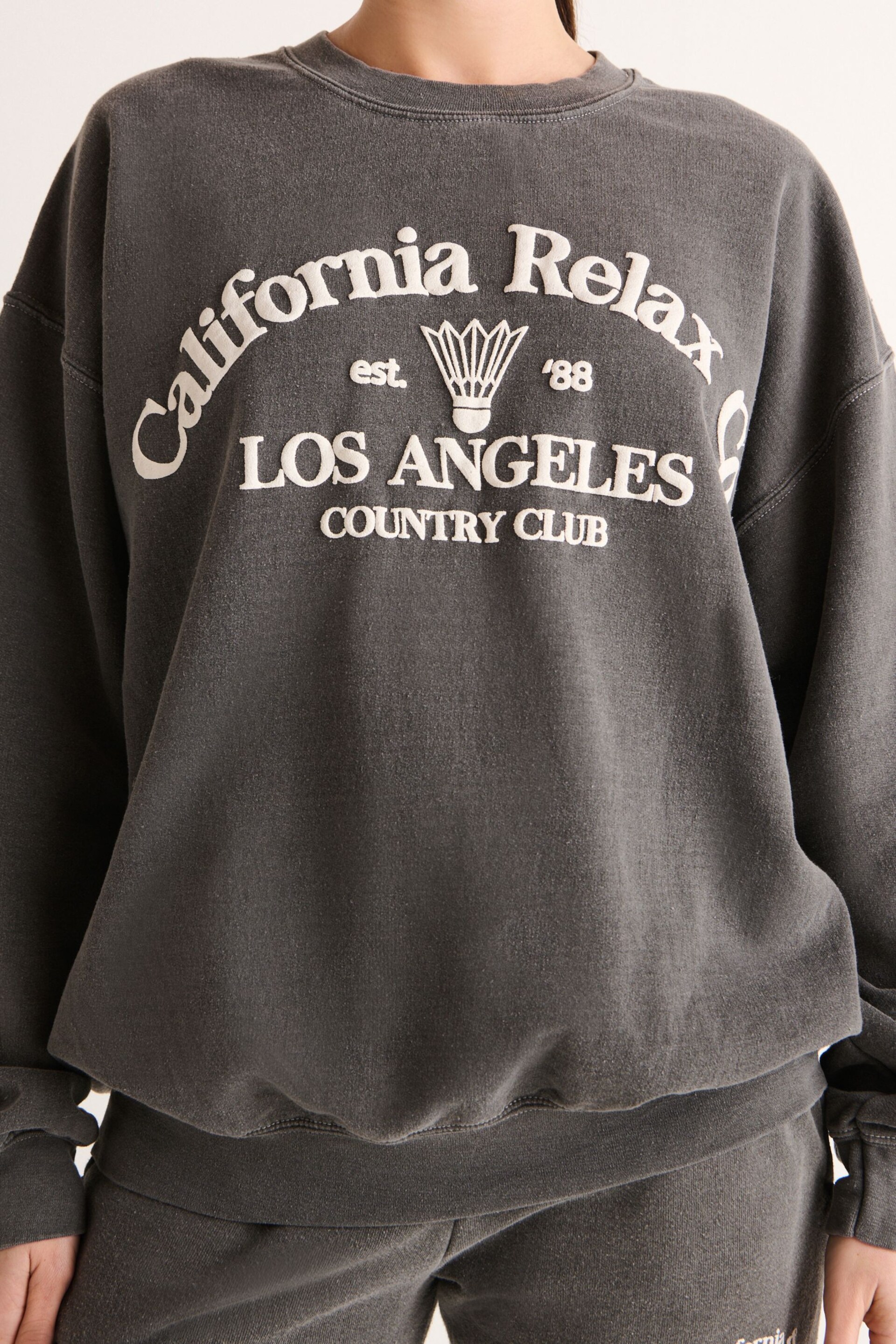 Charcoal Grey Relaxed Fit Oversized Washed California Long Sleeve Graphic Slogan Sweatshirt - Image 4 of 6