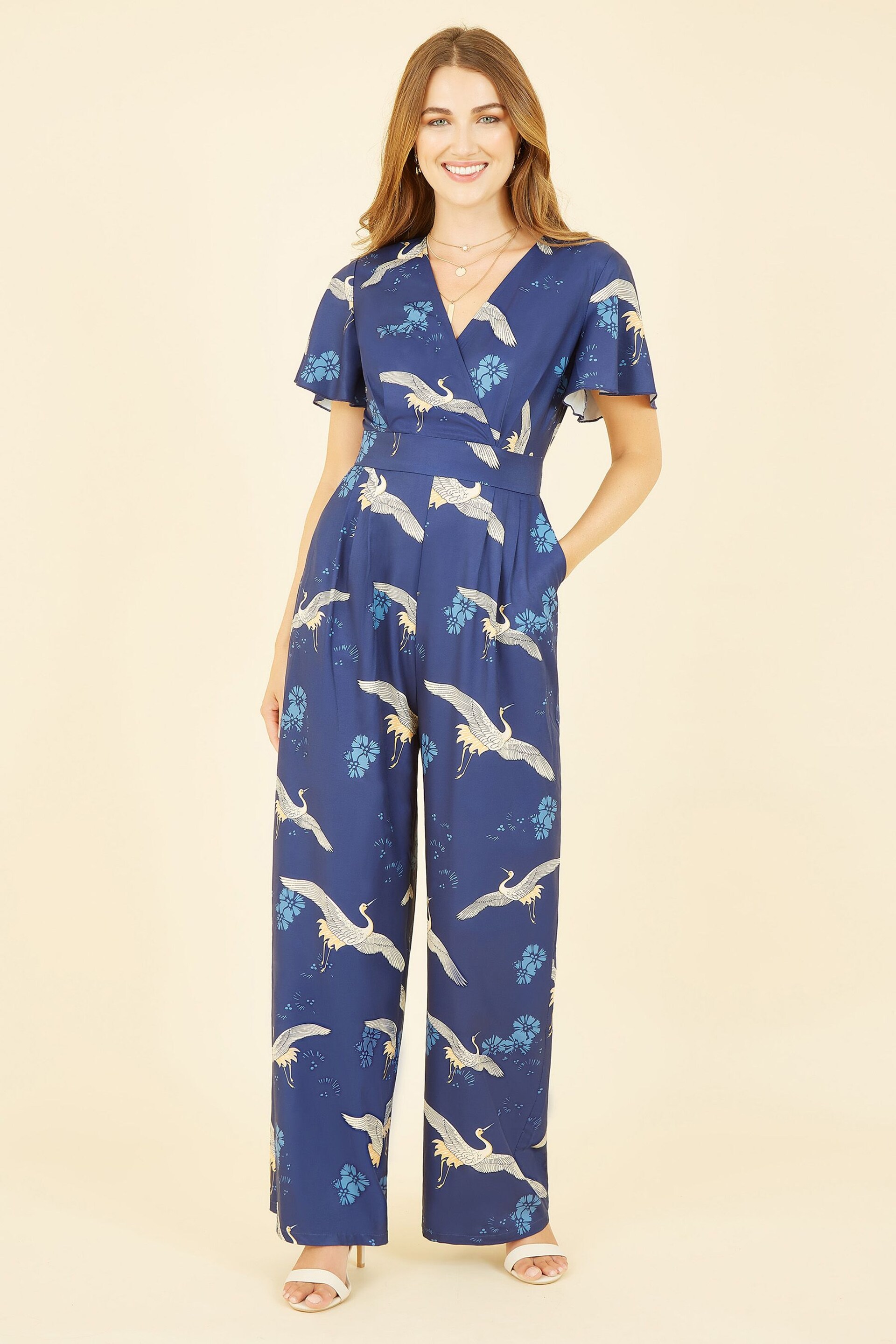 Yumi Blue Crane Print Jumpsuit - Image 3 of 5