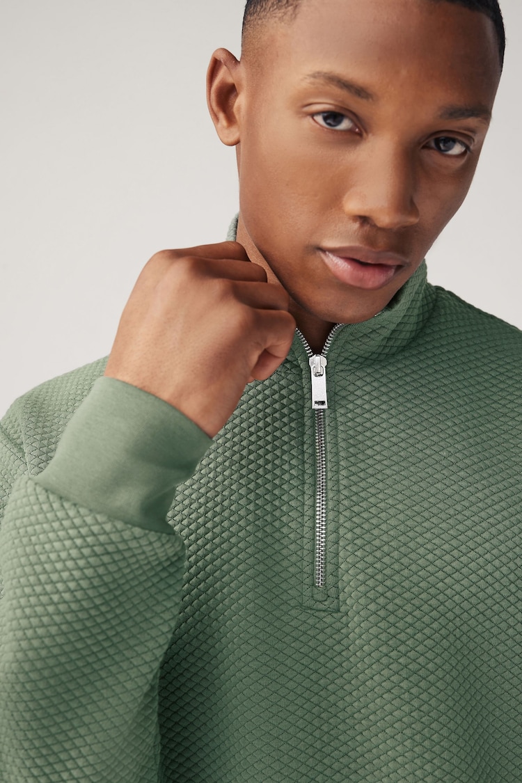 Sage Green Zip Neck Premium Texture Crew Sweatshirt - Image 1 of 9