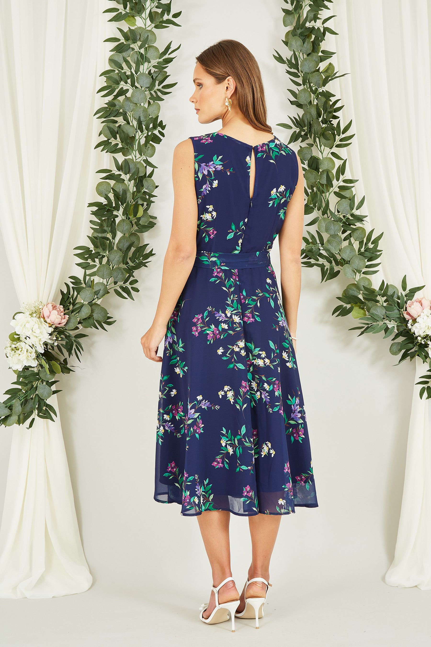 Yumi Blue Floral Print Midi Skater Dress