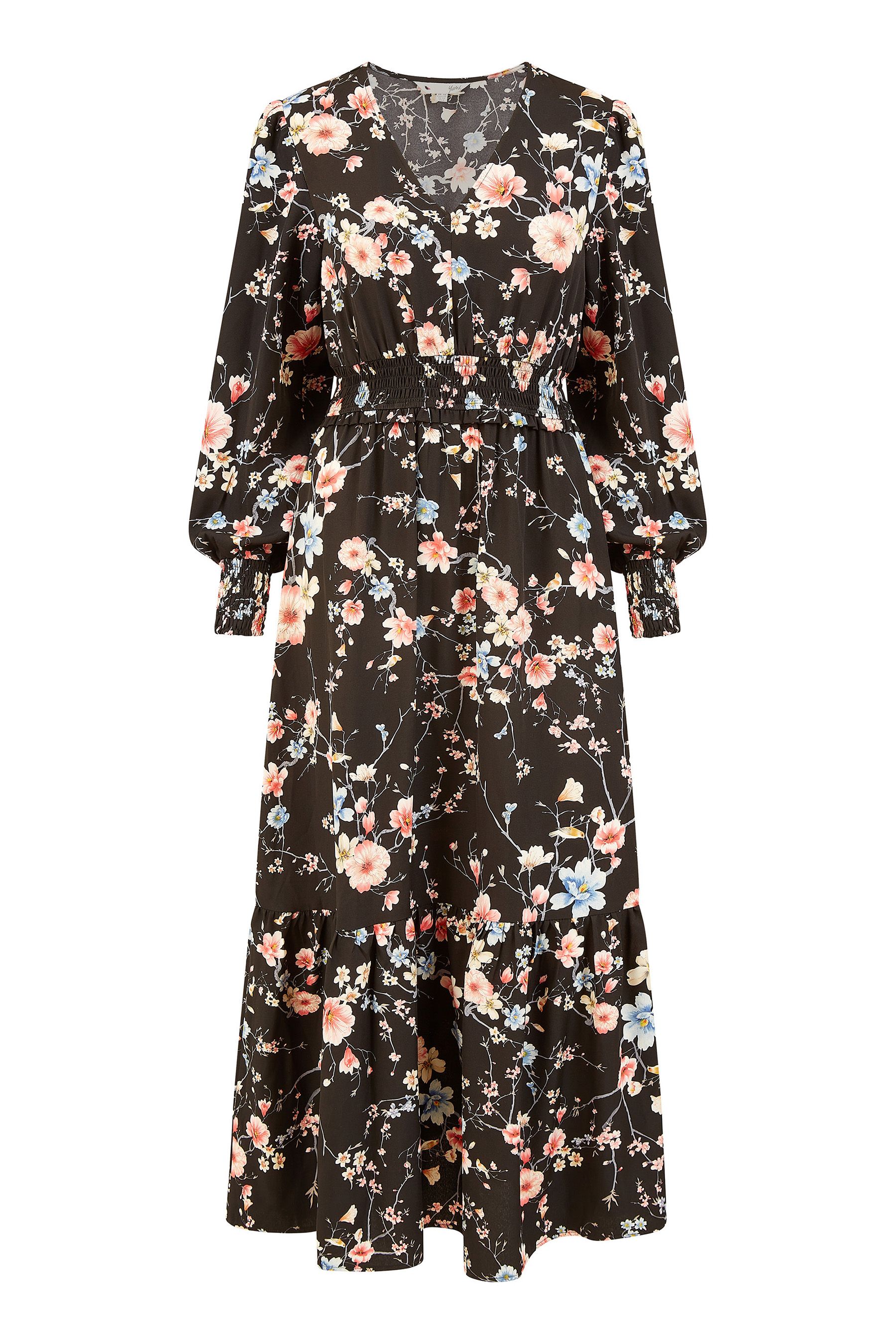 Buy Yumi Black Blossom Floral Print Ruched Long Sleeves Midi Dress from Next Luxembourg