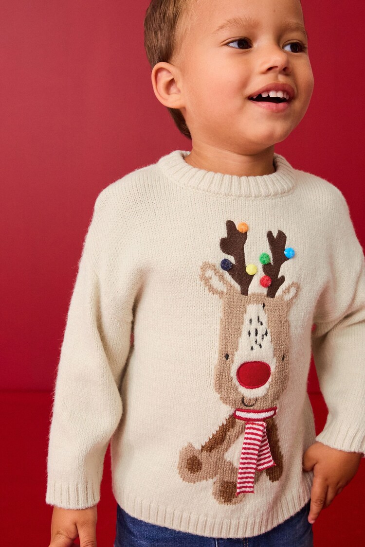 Ecru Reindeer Christmas Crew Neck Jumper (3mths-7yrs) - Image 1 of 7