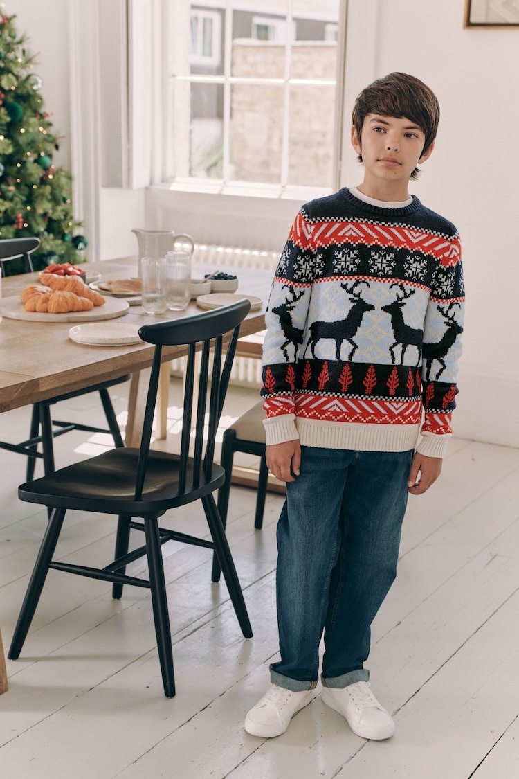 Navy Blue/Red Matching Family Boys Christmas Fairisle Reindeer Jumper (3mths-16yrs) - Image 1 of 7