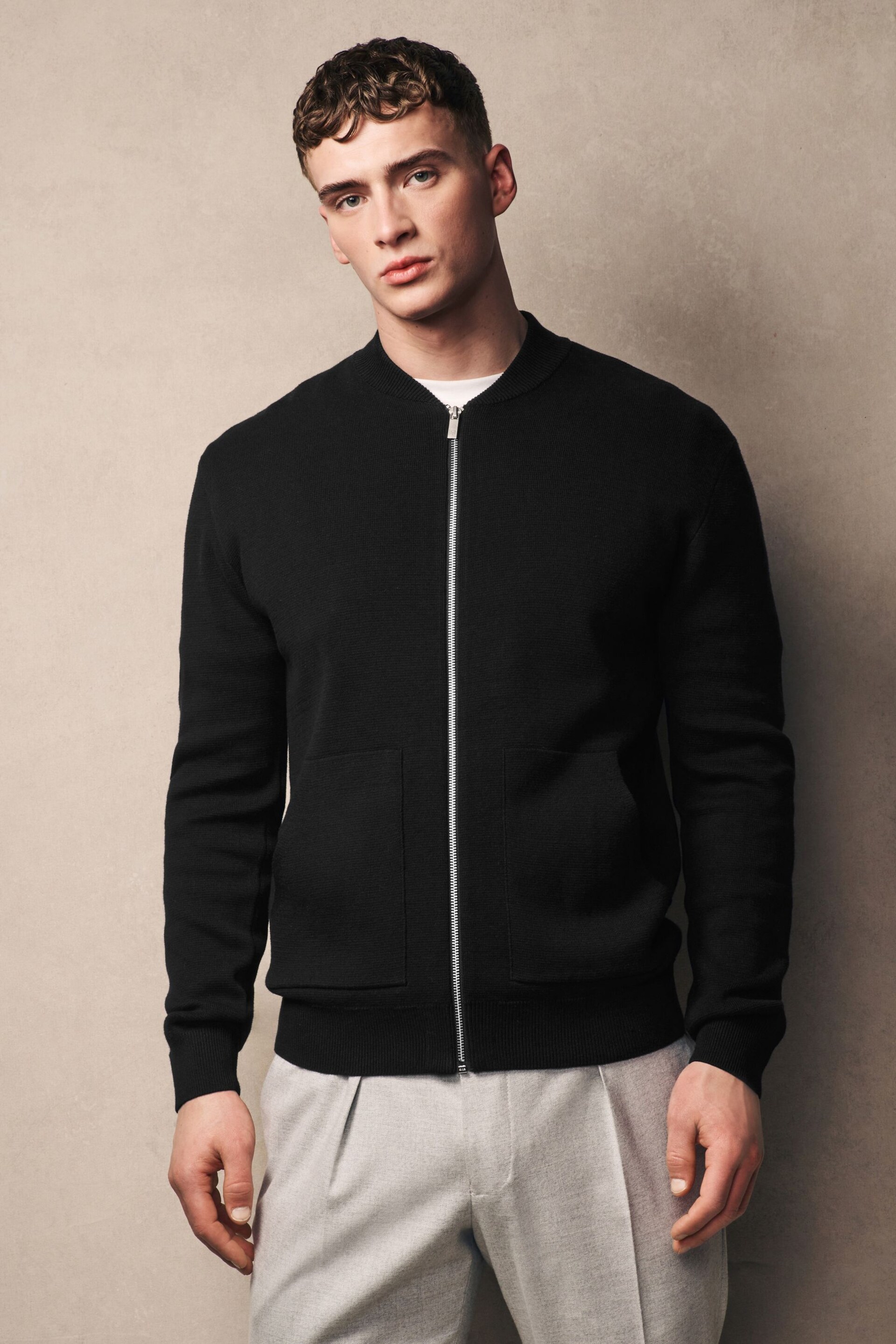 Black Bomber Zip Through Knitted Premium Regular Fit Jumper - Image 1 of 9